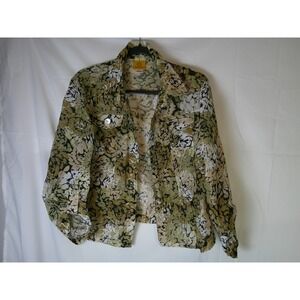 Ruby Rd Womens Button Up Shirt Jacket Floral Print Green Tan White Size 14